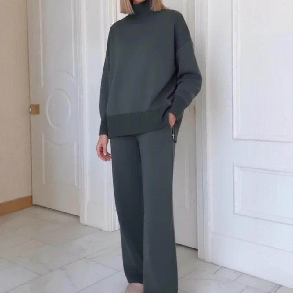 Damen Bequemes Strick-Loungewear-Set mit hochgeschlossenem Pullover und weit geschnittenen Hosen Drune