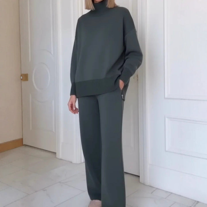 Damen Bequemes Strick-Loungewear-Set mit hochgeschlossenem Pullover und weit geschnittenen Hosen Drune