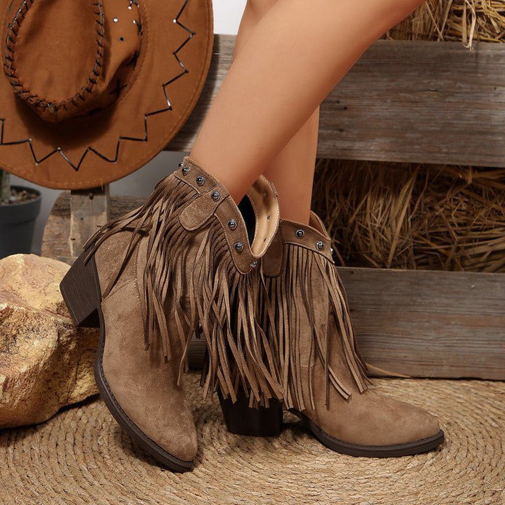 Damen Western‑Fransenstiefeletten aus Veloursoptik mit mittelhohem Blockabsatz und Nietenbesatz Drune