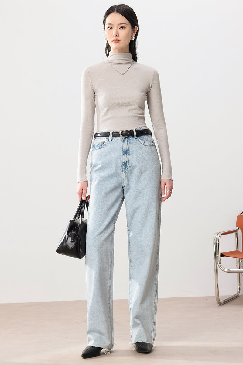Damen Feines Ripp-Langarmshirt mit Rollkragen und Volantkanten Drune