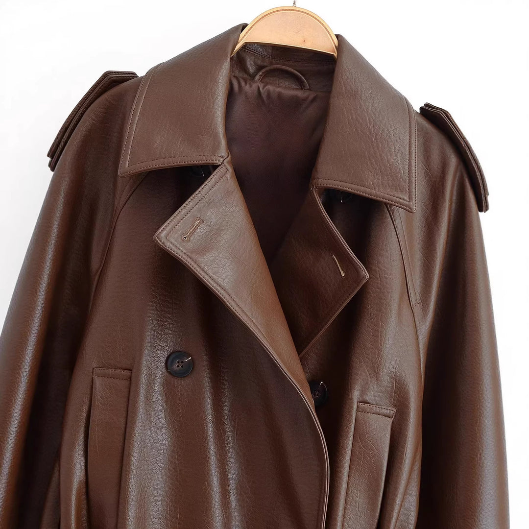 Damen Kurz geschnittener Kunstleder-Trenchcoat mit Bindegürtel und doppelreihiger Knopfleiste Drune