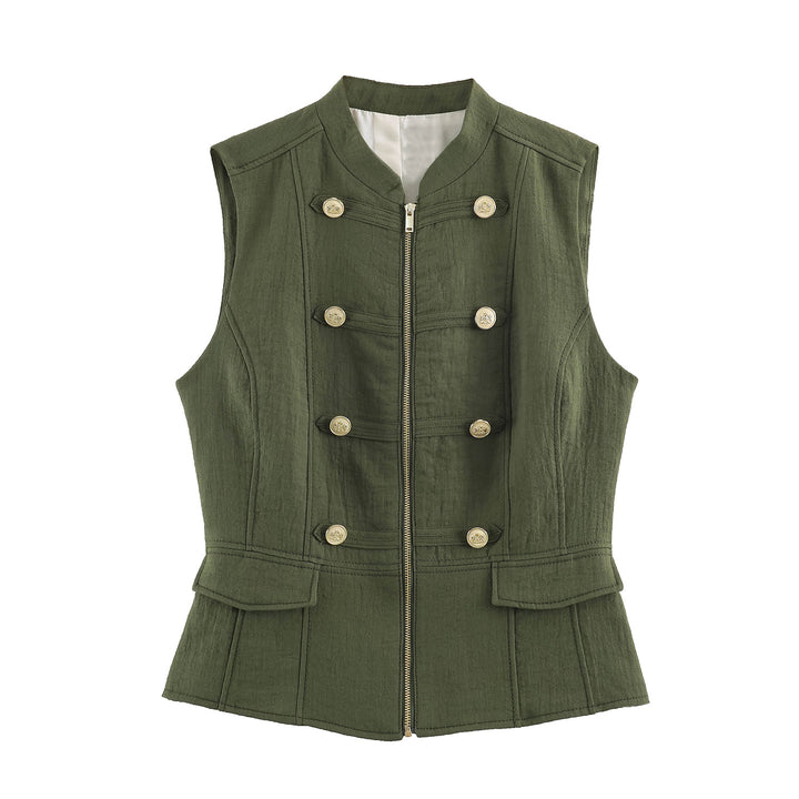 Damen nan taillierte Military-Weste mit Stehkragen, goldenen Zierknöpfen, Reißverschluss und aufgesetzten Klappentaschen Drune
