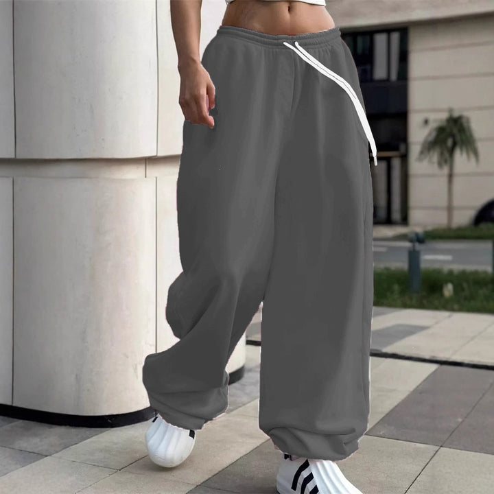 Damen nan weite Baggy-Jogginghose mit hohem Komfortbund, Kordelzug und elastischen Knöchelbündchen Drune