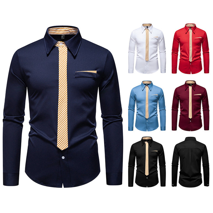 Herren Slim-Fit Businesshemd mit integrierter Krawatten-Optik und Brusttasche Drune