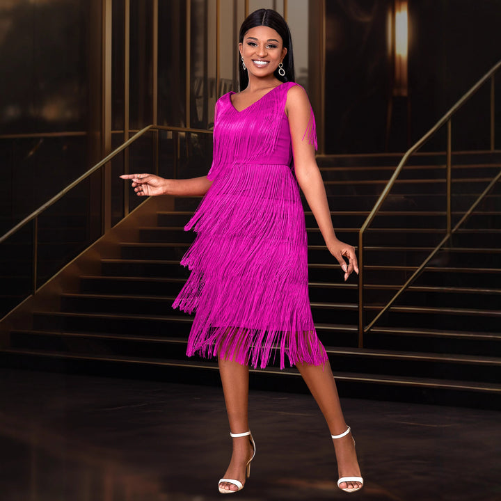 Damen Fransen Cocktailkleid mit V-Ausschnitt und schwingendem Saum Drune
