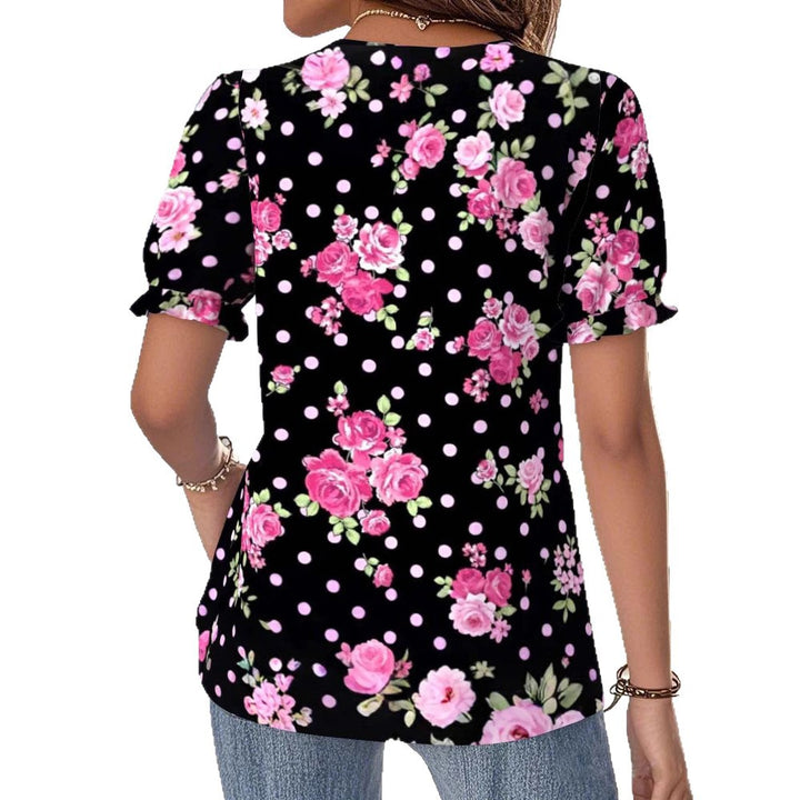 Damen nan florale V-Ausschnitt-Bluse mit dekorativer Spitzenblende und gerafften Kurzärmeln Drune