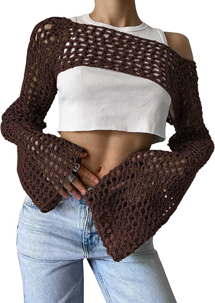 Damen gehäkeltes Langarm-Top mit Off-Shoulder-Design Drune
