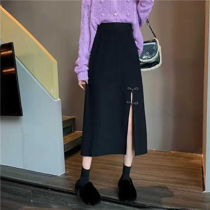 Damen Eleganter Strickrock mit Schlitz und Schleifendetails Drune