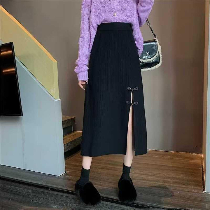 Damen Eleganter Strickrock mit Schlitz und Schleifendetails Drune