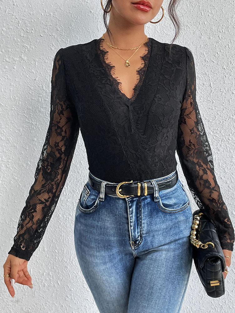 Damen Spitzenbody mit raffiniertem V-Ausschnitt und eleganten Rüschendetails Drune