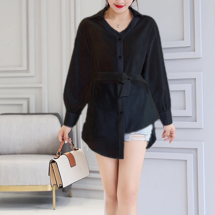 Damen Modische Hemdbluse mit Taillengürtel Drune
