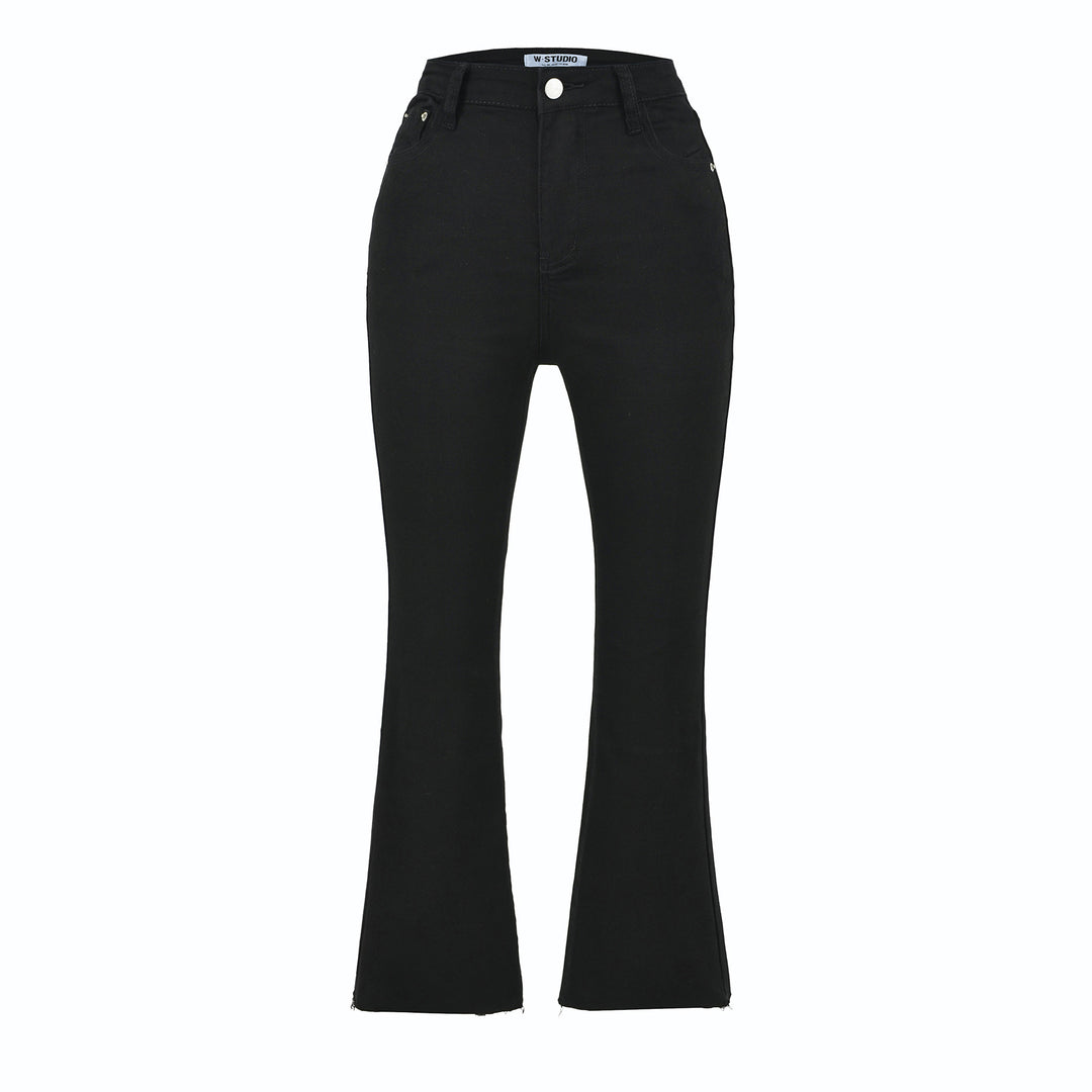 Damen Highwaist-Schlaghose aus Stretch-Denim mit fünf Taschen und rohem Saum Drune