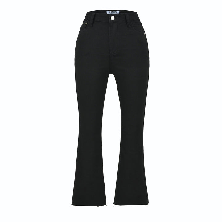 Damen Highwaist-Schlaghose aus Stretch-Denim mit fünf Taschen und rohem Saum Drune