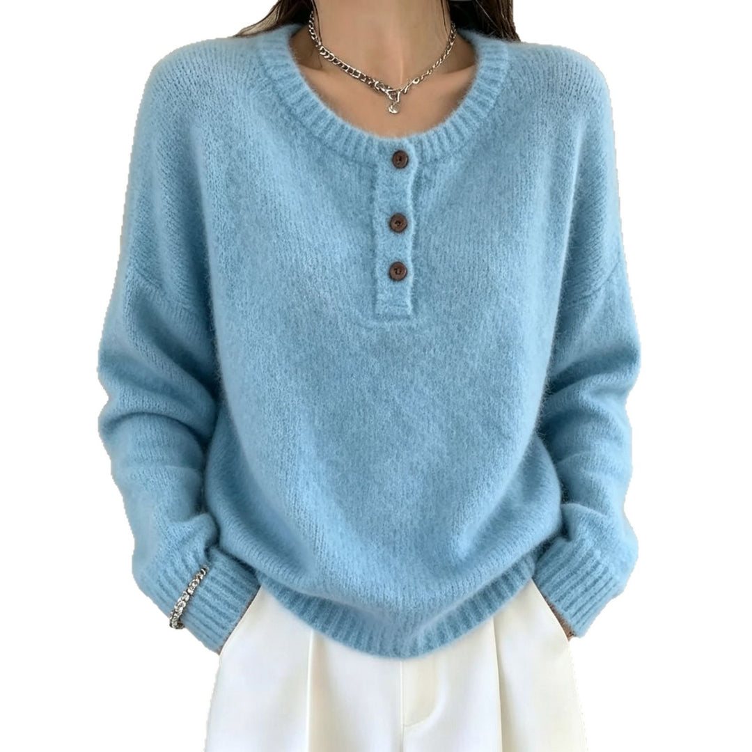 Damen Kuscheliger Rundhals-Henley-Pullover mit Knopfleiste und Raglanärmeln Drune