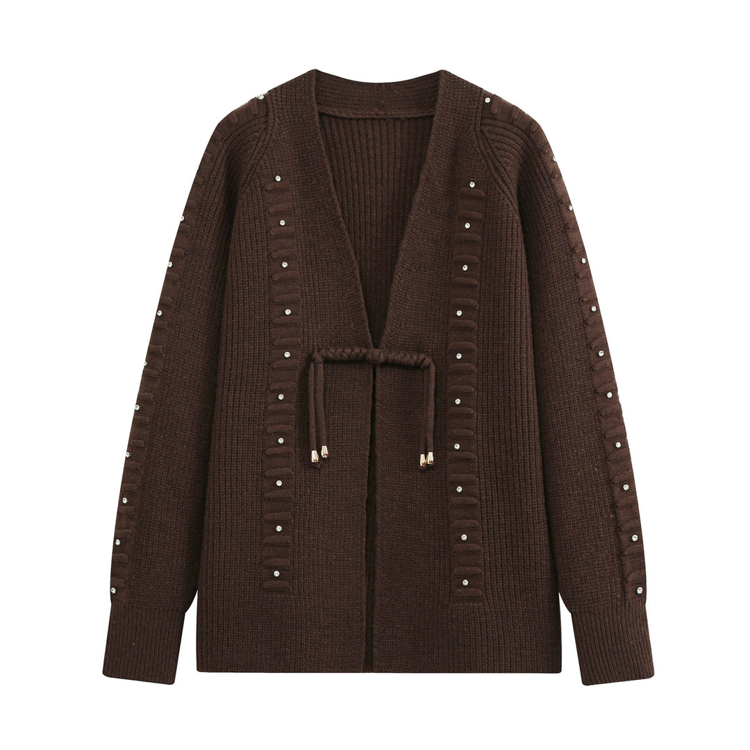Damen Grobstrick-Cardigan mit Tunnelzug und Strassapplikation Drune