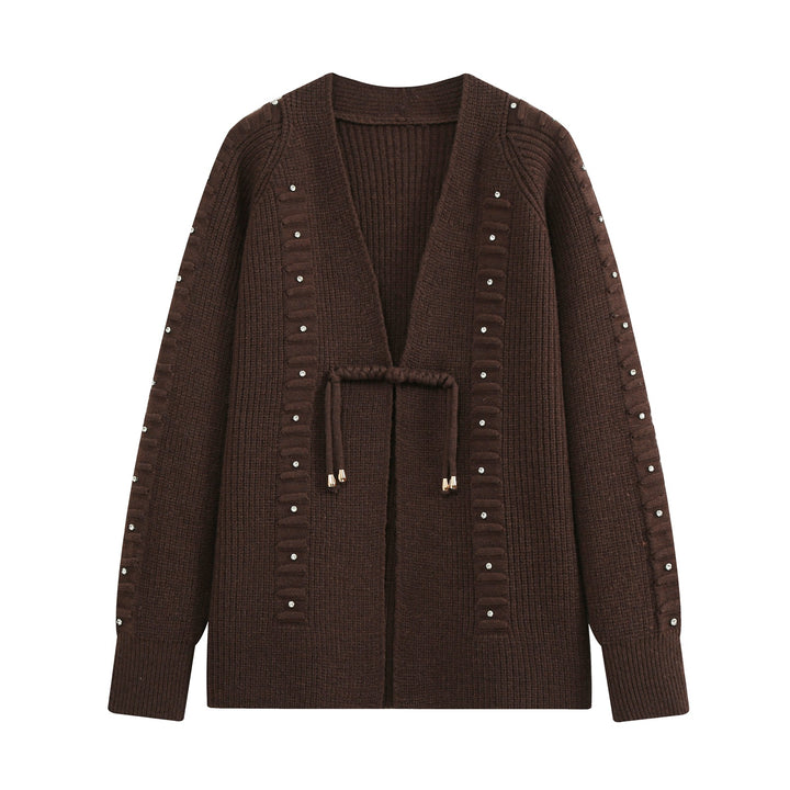 Damen Grobstrick-Cardigan mit Tunnelzug und Strassapplikation Drune