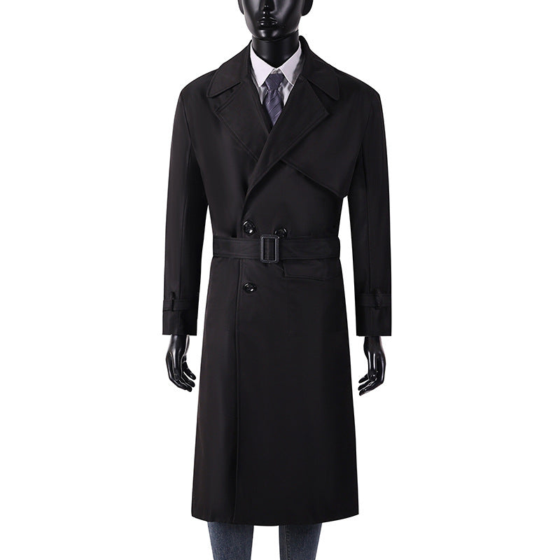 Herren Langmantel im Trenchcoat-Stil mit Sturmklappe, asymmetrischen Taschen und klassischem Revers Drune
