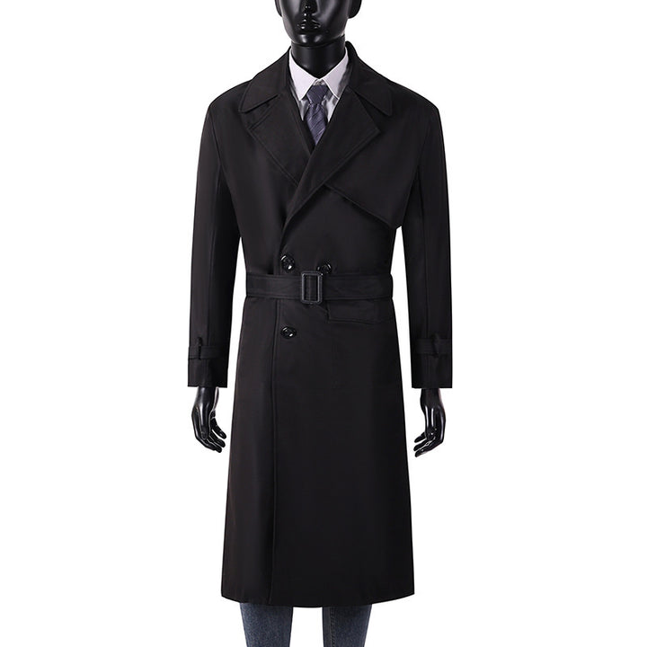 Herren Langmantel im Trenchcoat-Stil mit Sturmklappe, asymmetrischen Taschen und klassischem Revers Drune