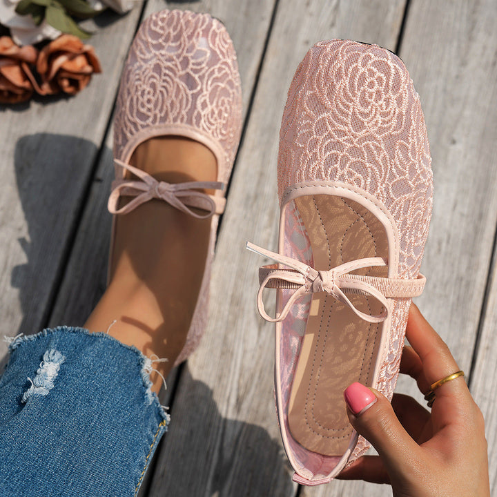 Damen Elegante Spitzenschuhe mit dekorativen Schleifen und funkelnden Akzenten Drune