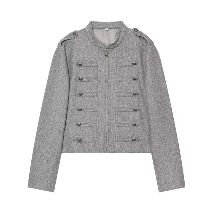 Damen Militärisch inspirierte kurze Wolljacke mit Stehkragen Drune