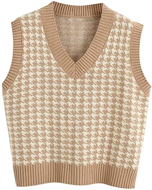 Damen ärmellose Strickweste mit modernem Hahnentrittmuster Drune