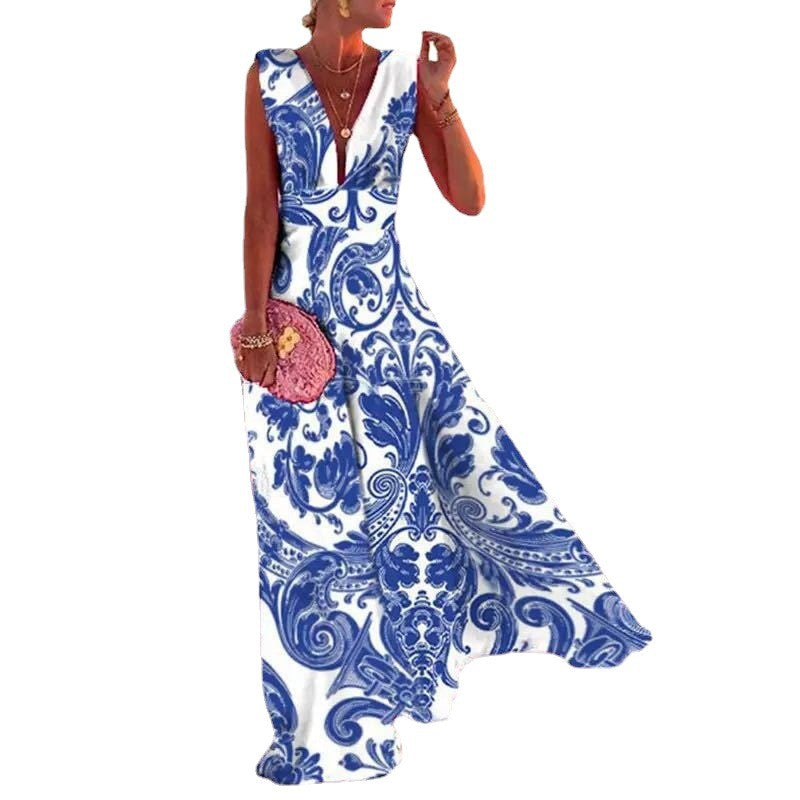 Damen Maxikleid mit geometrischem Schnitt und tiefem V-Ausschnitt Drune