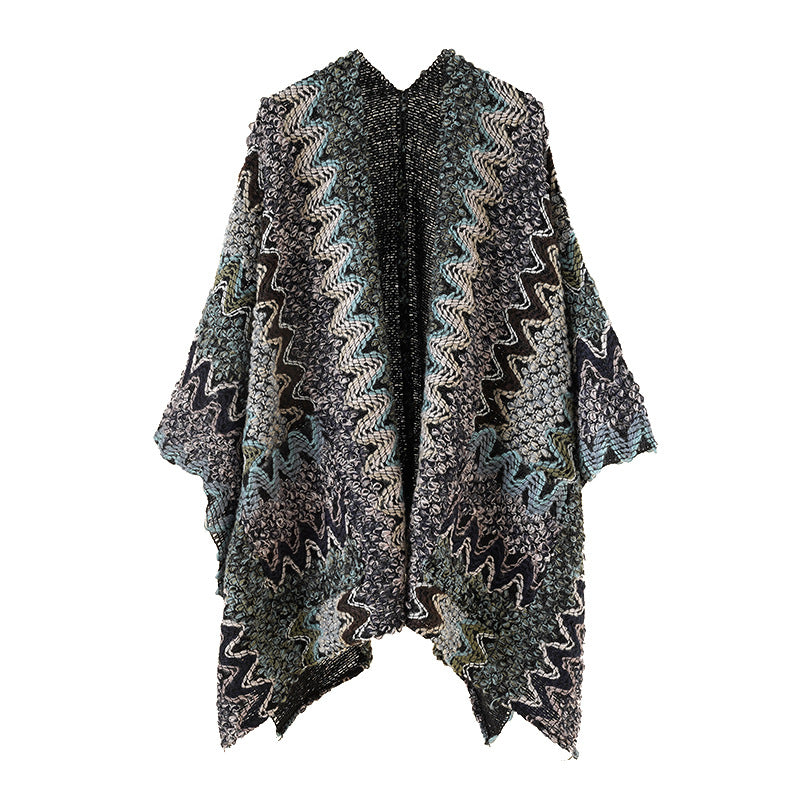 Damen Grobgestrickter Ethno-Ruana-Poncho mit Zickzack‑Jacquard und offenem Fall Drune