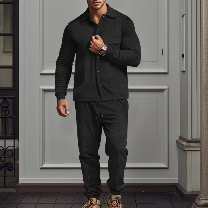 Herren nan feinstrukturiertes Hemdjacke- und Jogginghose-Set aus Sweat mit schmaler Passform Drune