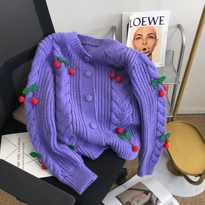 Damen Grobstrickpullover mit floralen Applikationen und Knopfdetails Drune