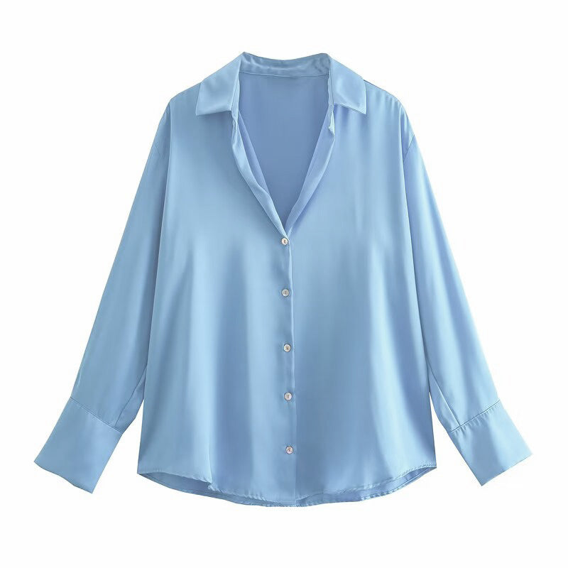 Damen Oversized Satinbluse mit Hemdkragen und breiten Manschetten Drune
