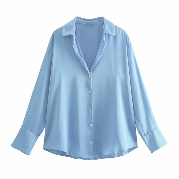 Damen Oversized Satinbluse mit Hemdkragen und breiten Manschetten Drune