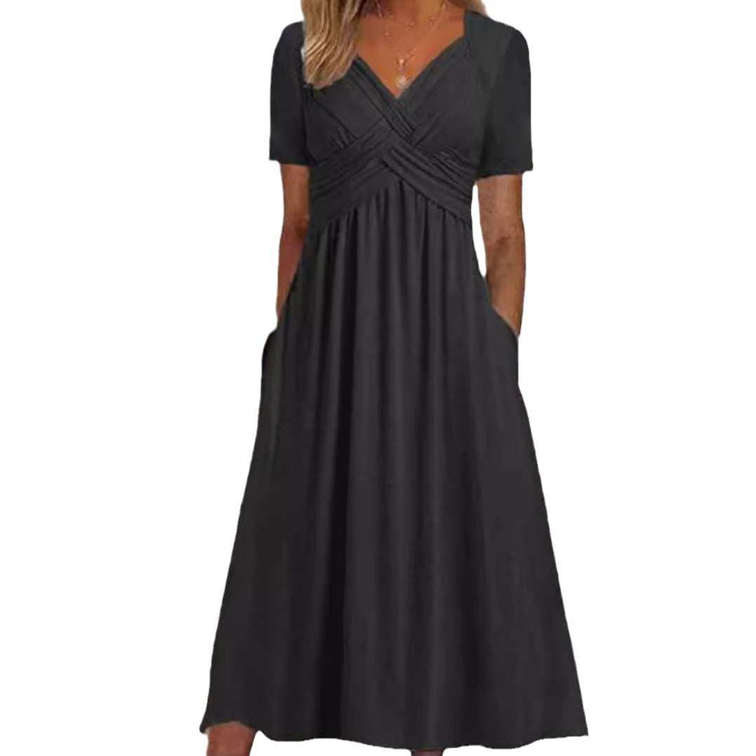 Damen nan luftiges Midikleid mit V-Ausschnitt Wickeloptik Empire-Taille und Taschen Drune