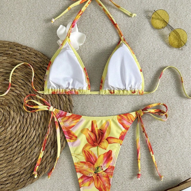 Damen Triangel-Bikini mit floralen Akzenten und verstellbaren Bindebändern Drune