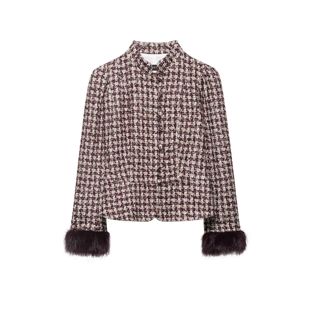 Damen Kurze Bouclé-Tweedjacke mit Stehkragen und Kunstpelzmanschetten Drune