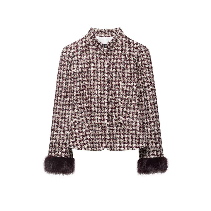 Damen Kurze Bouclé-Tweedjacke mit Stehkragen und Kunstpelzmanschetten Drune