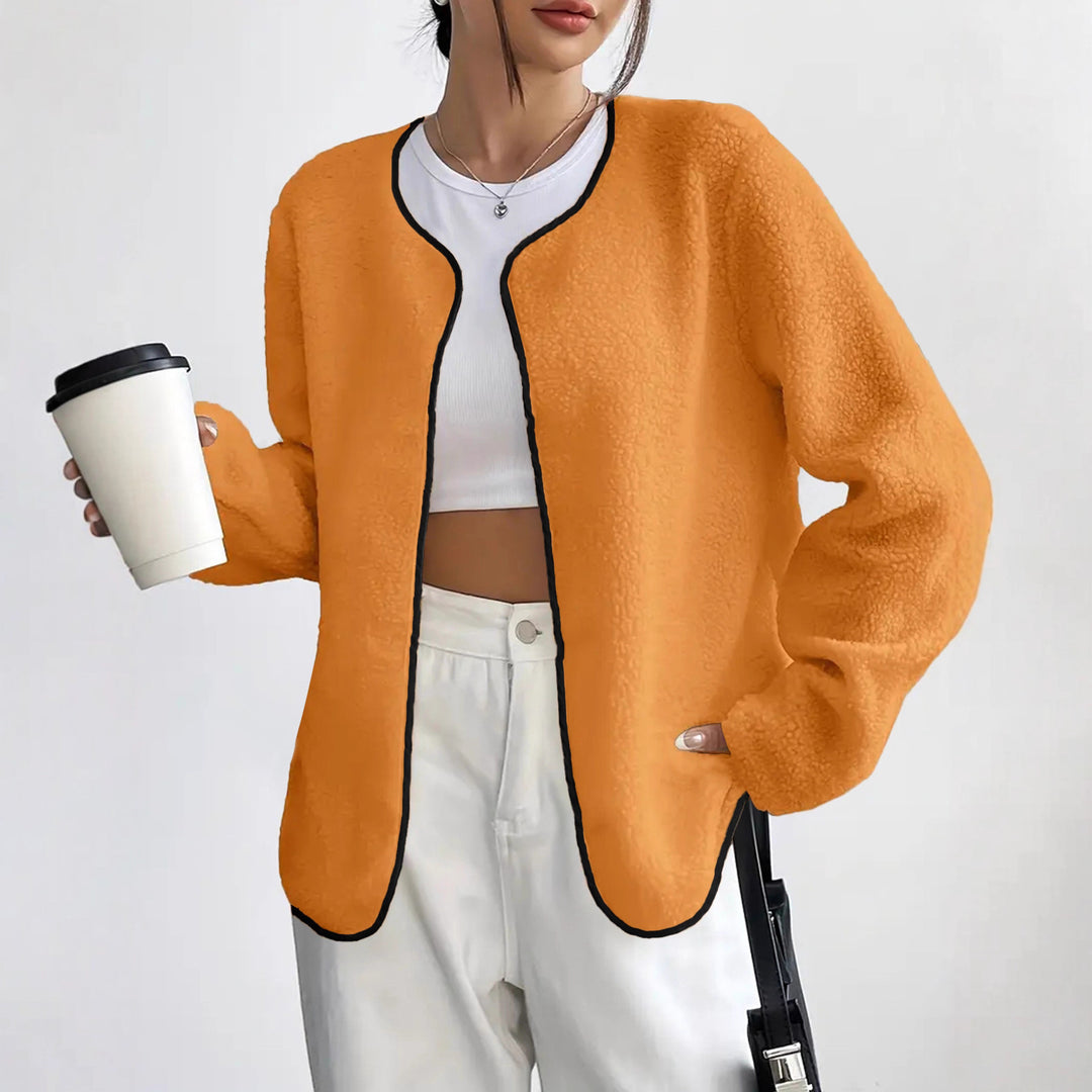 Damen Kurzjacke Teddy-Fleece Cardigan ohne Verschluss mit Rundhals Drune