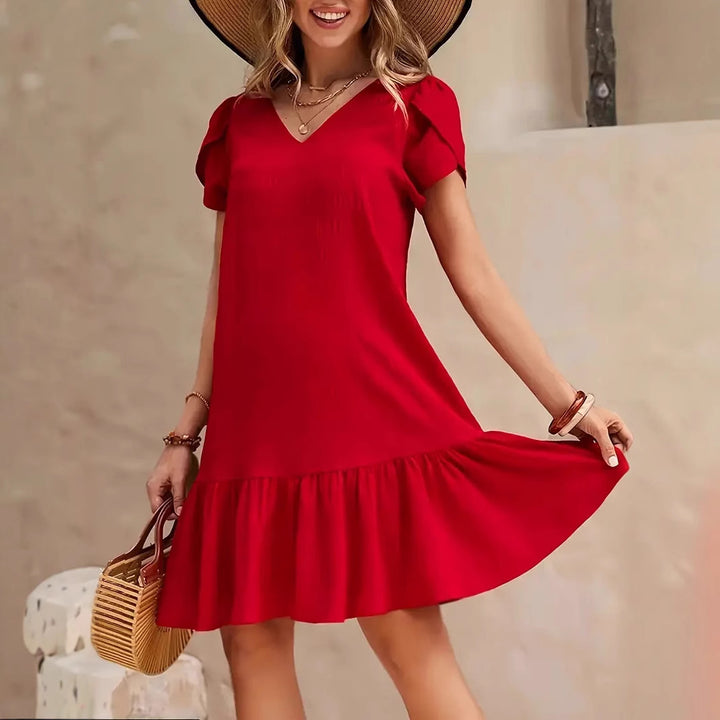 Damen V-Ausschnitt Kleid mit voluminösen Puffärmeln und Rüschensaum Drune