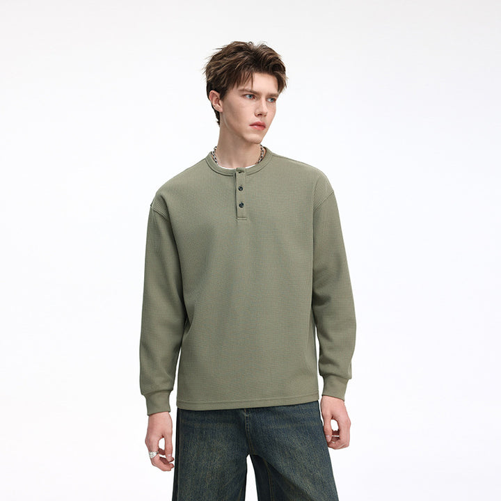 Herren Waffelstruktur-Henley-Thermashirt mit Knopfleiste und Relaxed-Fit Drune