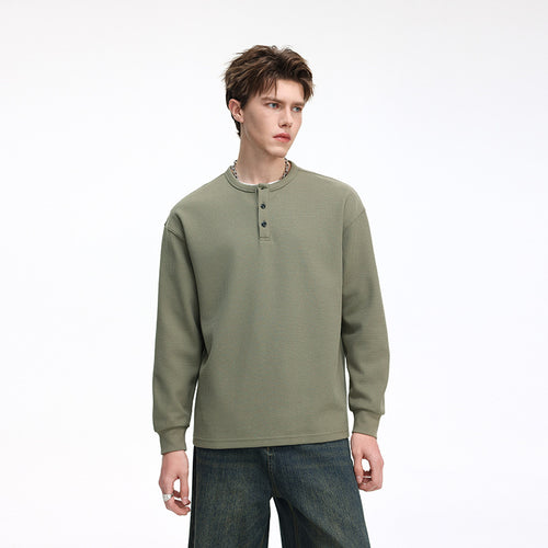 Herren Waffelstruktur-Henley-Thermashirt mit Knopfleiste und Relaxed-Fit Drune