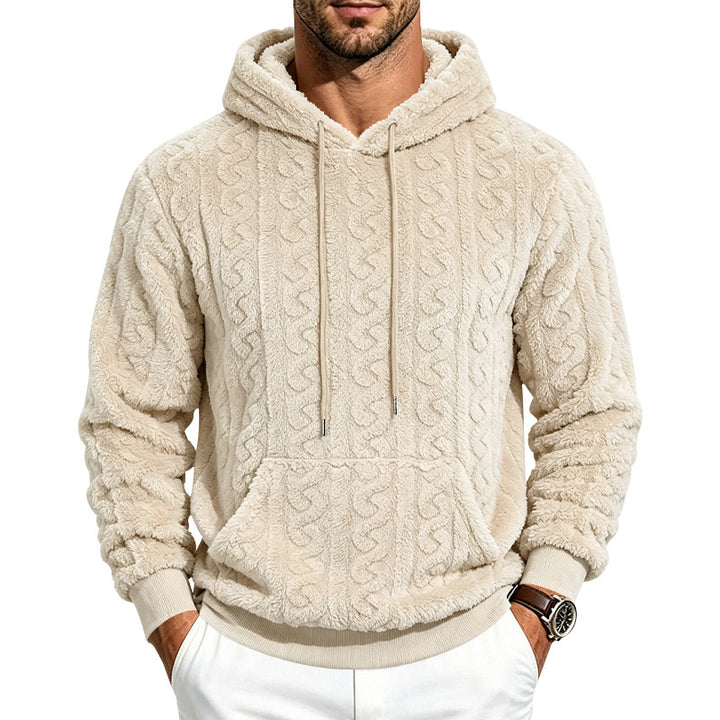 Herren Teddy-Fleecepullover mit Zopfmuster, Kapuze und Kängurutasche Drune