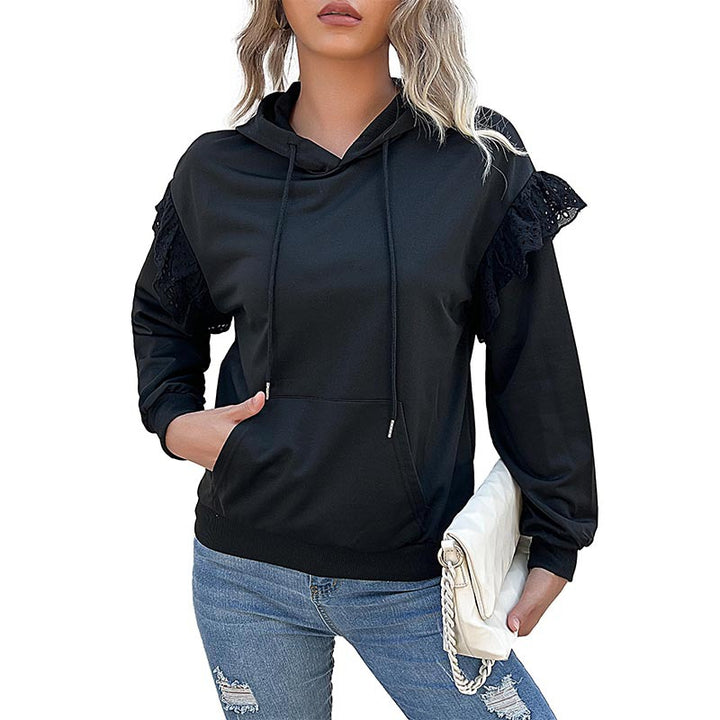 Damen Kapuzenpullover mit Spitzenvolant, Kängurutasche & Rippbündchen Drune