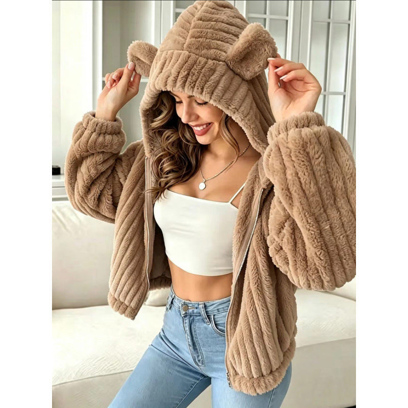 Damen Kuschelige Teddy-Kapuzenjacke mit Plüschstruktur und Kapuzenohren Drune