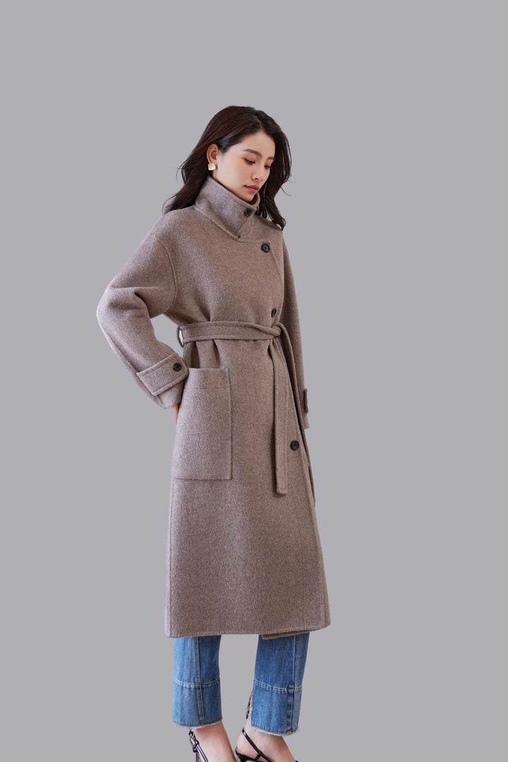 Damen Oversize Wollmantel mit Bindegürtel und weitem Revers Drune