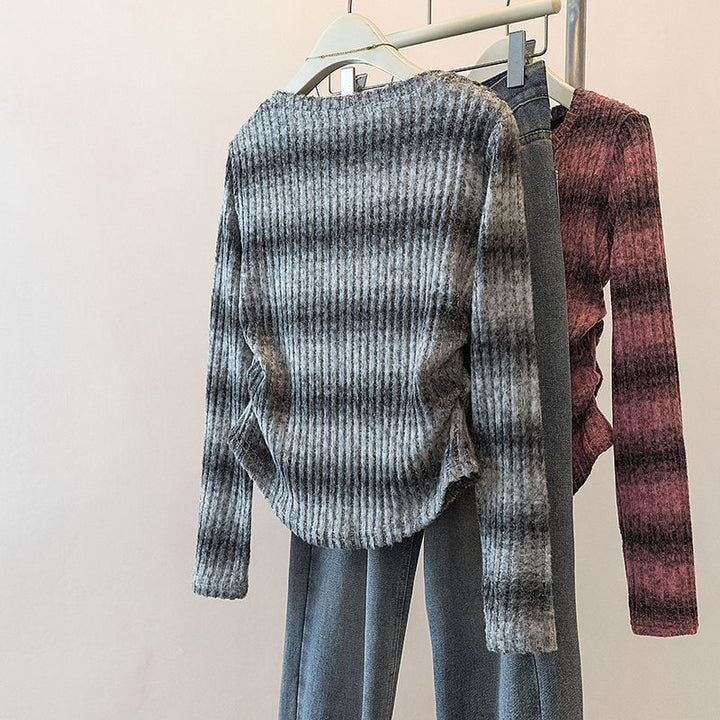 Damen Legeres Langarm-Shirt mit gestreiftem Rippmuster Drune