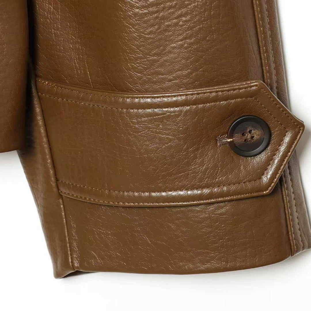 Damen Kurztrenchcoat aus Lederimitat mit Taillengürtel und Schulterklappen Drune