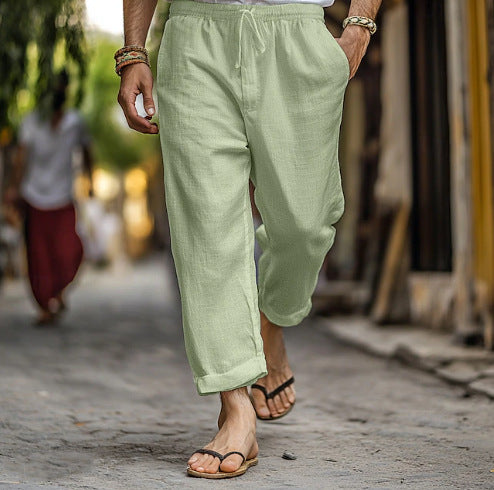 Herren lässige Leinen-Joggerhose mit elastischem Tunnelzugbund, seitlichen Eingrifftaschen und aufrollbarem Saum Drune