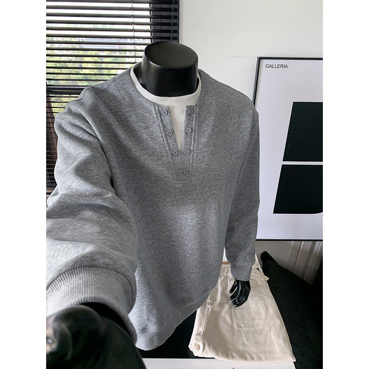 Herren Henley-Sweatshirt mit Knopfleiste, Oversize-Schnitt & gerippten Bündchen Drune
