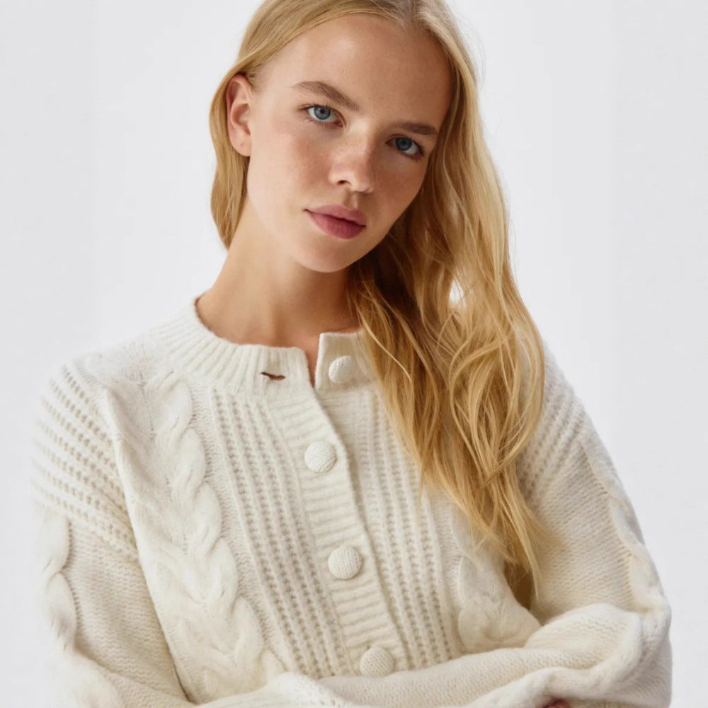 Damen Modischer Grobstrickpullover mit Knopfdetails Drune