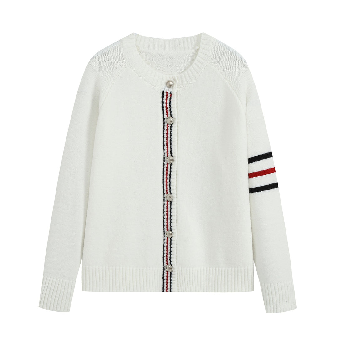 Damen Lässiger Rippstrick‑Cardigan mit Goldknöpfen und sportiven Ärmelstreifen Drune