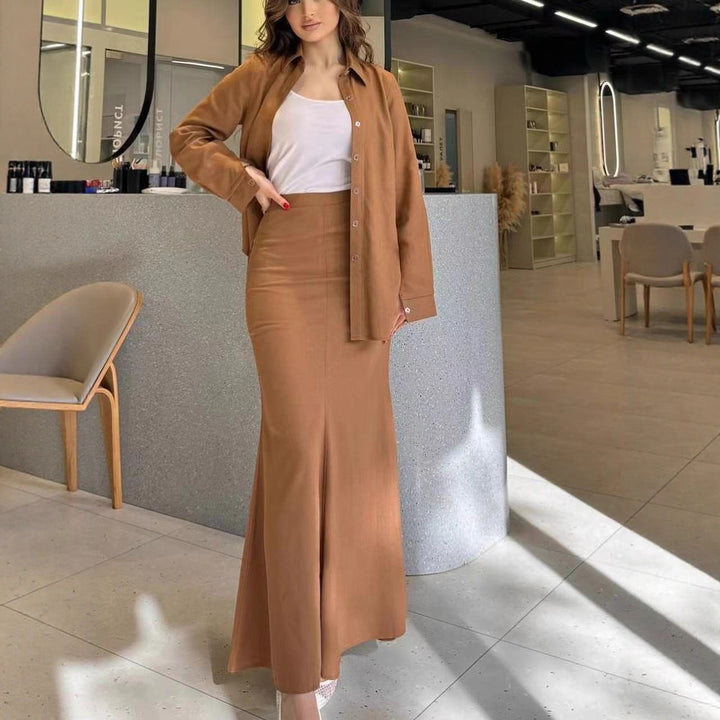 Damen Zweiteiliges Set Schlauchmaxirock mit ausgestelltem Saum und Oversize-Hemd Drune